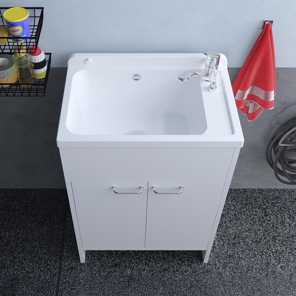 Inbagno Mobile Lavatoio Salvaspazio 58 Cm In PVC Bianco Con Vasca E Piletta In Acciaio Inox – Mobile Lavanderia Slim A Due Ante Con Piedini Regolabili E Maniglie Cromo – Kit Di Montaggio Incluso