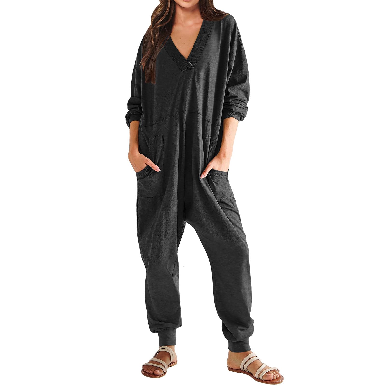 Tednrk Jumpsuits for Women 2025 Fall V Neck Long Sleeve Rompers Casual Loose Wid Leg One Piece Pajamas Overalls