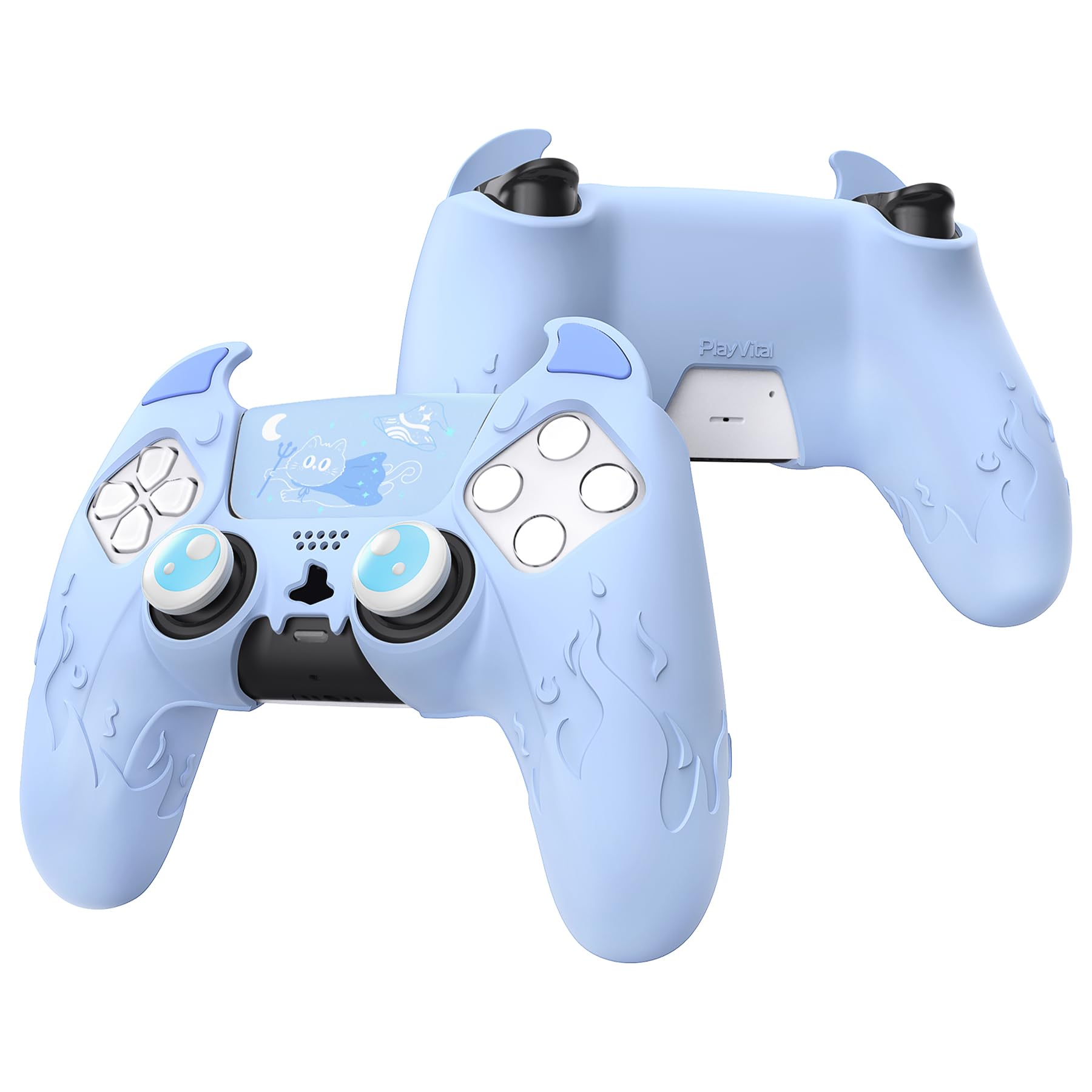 PlayVital Halloween Cute Demon Controller Silicone Case for ps5, Kawaii Controller Cover Gamepad Skin Protector for ps5 with Touch Pad Sticker &amp; Thumb Grip Caps - Blue