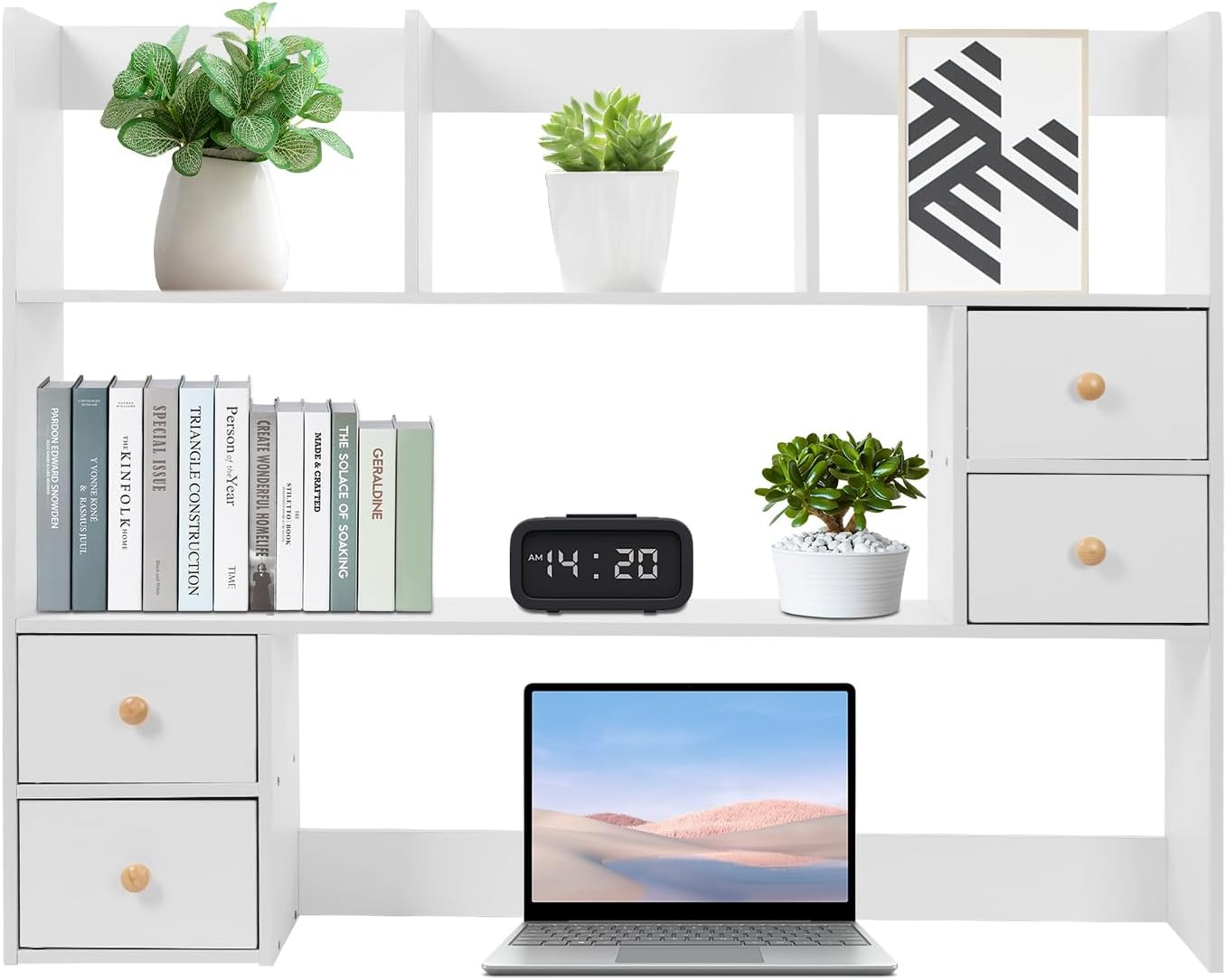 Desktop Bookshelf, High-Capacity Wooden Desk Storage Hutch Organizer, Over Desk Shelf Dorm with 4 Drawers, Wood Expandable Desktop for Office, Library, Living Room, Dorm