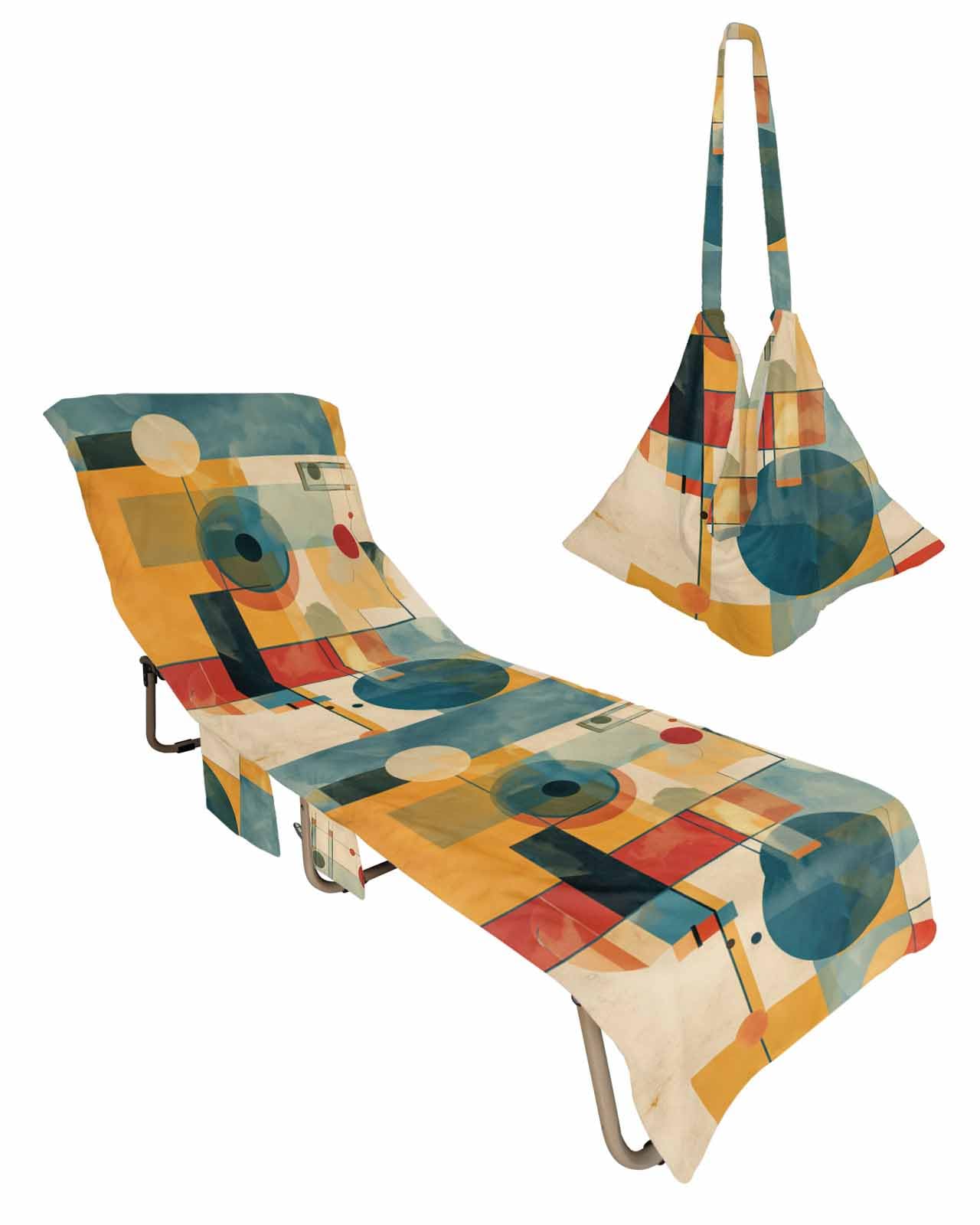 Blue Yellow Geometric Beach Lounge Chair Towel Cover, Soft Chaise Lounge Towel with Side Pockets Patio Pool Chairs Cover for Beach/Pool Sunbathing 29x85 Vintage Oil Painting Abstract Art