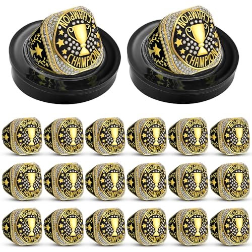 Highergo 20 Pcs Basketball Softball Championship Rings with Display Neck Chain and Stand Baseball Volleyball Soccer Trophy Rings Bulk for Tournament Award Gift(Gold,Championship)