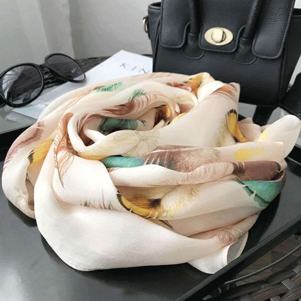 MUSUMI Bufanda de seda con patrón de plumas tridimensional para mujer Primavera y otoño Versión coreana Estampado de seda larga Bufanda de seda (multicolor)