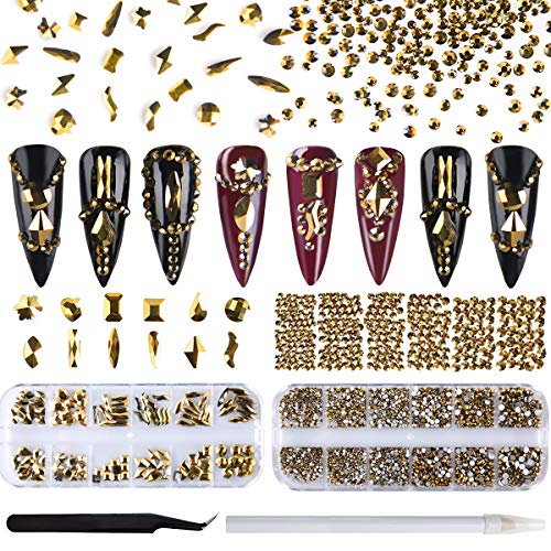 3312pcs Nail Gold Round Rhinestones and 120pcs Gold Crystal Multi-shape Stones for Nails Art Decorations Kit