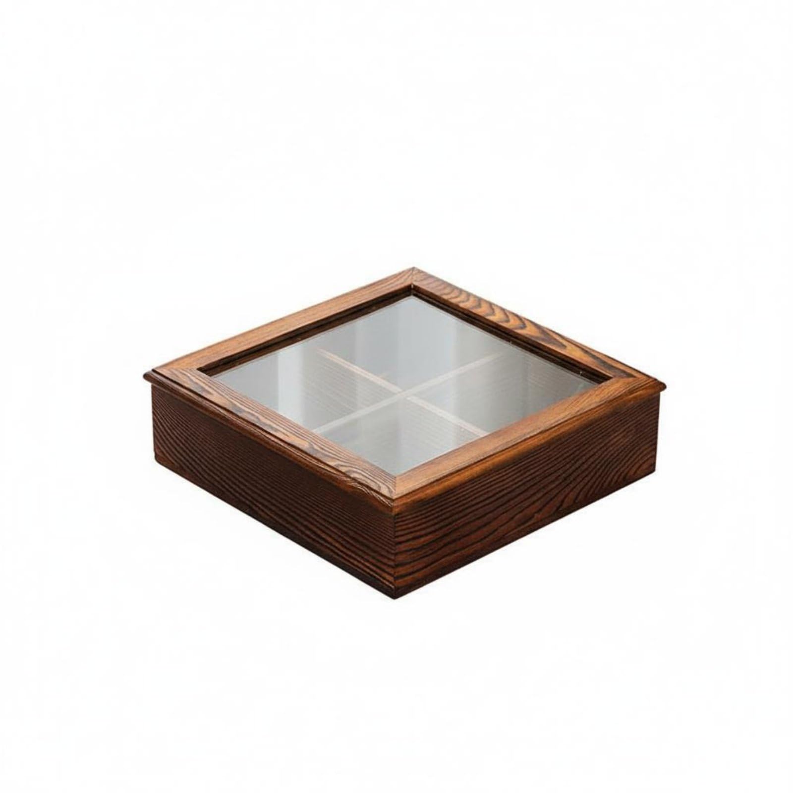 perfk Vassoio Portacaramelle in Legno con Coperchio in Vetro Temperato Vassoio Diviso Vassoio Snack Contenitore Dolci Artigianale E Durevole Adatto per, Quadrato 4-Griglia, Senza Manico