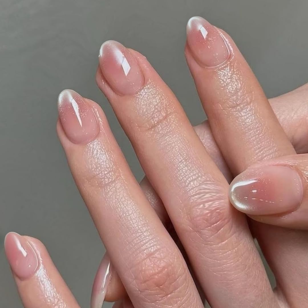 KQueenest Cat Eye Press On Nails Kurz - Glitzer Pastell Rosa Künstliche Nägel zum Aufkleben Kurz Rund, 30 Stück 15 Größen Chrome Fake Nails, Glänzende Wiederverwendbar Acryl Nägel für Frauen