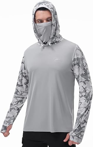 FISHEAL Camiseta de pesca con capucha para hombre, con protección UPF 50+, de manga larga, con agujeros para los pulgares, con máscara facial de