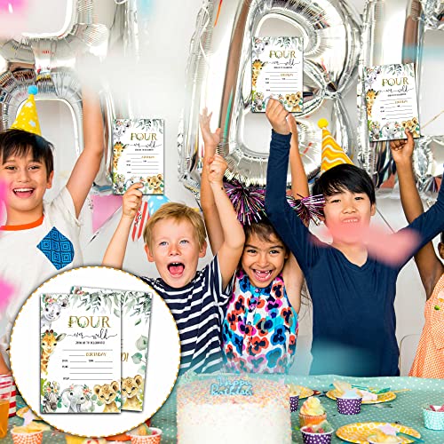 Doqpo Four Ever Wild Birthday Invitations For Boys Girls, 4Th Safari Jungle Animals Party Invitations, Birthday Party Invitation, Birthday Decorations - 20 Invites With 20 Envelopes - C04 #TOP3