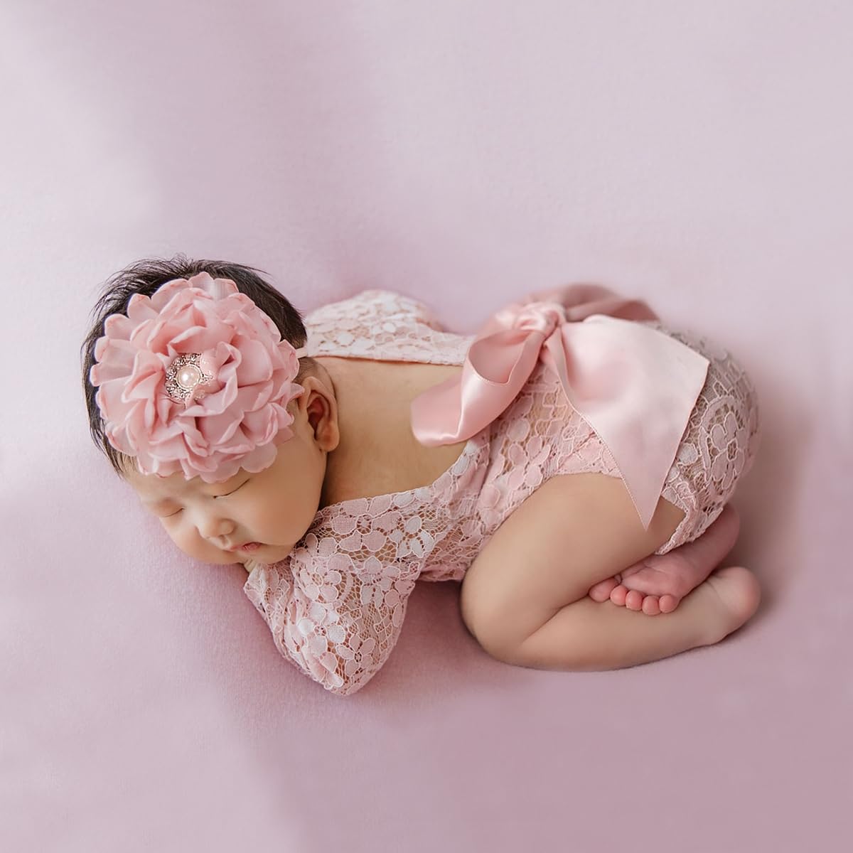 Baby Girl Newborn Photography Outfit Lace Romper with Flower Headband, Newborn Outfits Girls Photo Props Pink Romper for Baby