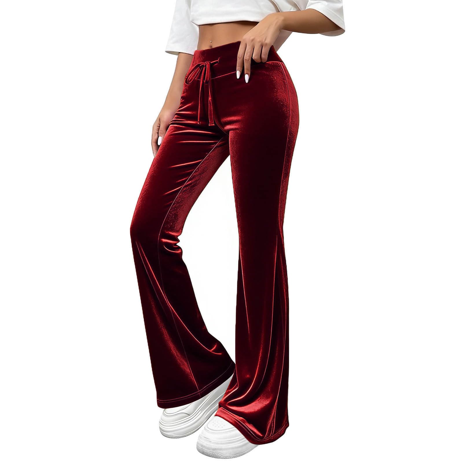 Womens Velvet Pants High Waist Flare Bottom Soft Trousers with Pockets Drawstring Stretch Slimf Fit Trendy Comfy Pants