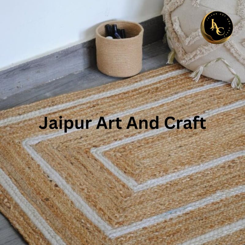Wendeteppich aus geflochtener Jute mit natürlicher weißer Bordüre, moderner Teppich für Wohnzimmer und Küche– (3x8 Quadratfuß)