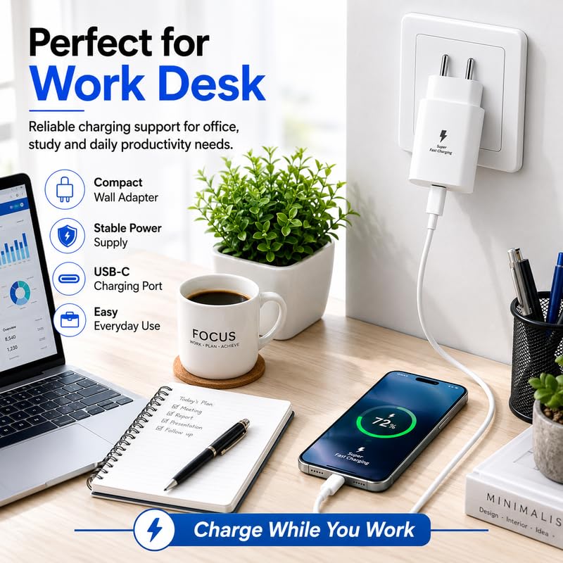 Image of Zybux 25W C Type 3A PD Fast-Charger Adapter Compatible with Samsung Galaxy M17e|M17|M56|M36|M16|S9|Lite|Ultra|Plus| Wall Charging Adaptor Block for Smart-Phone Tablet, USB C Charging Plug, White