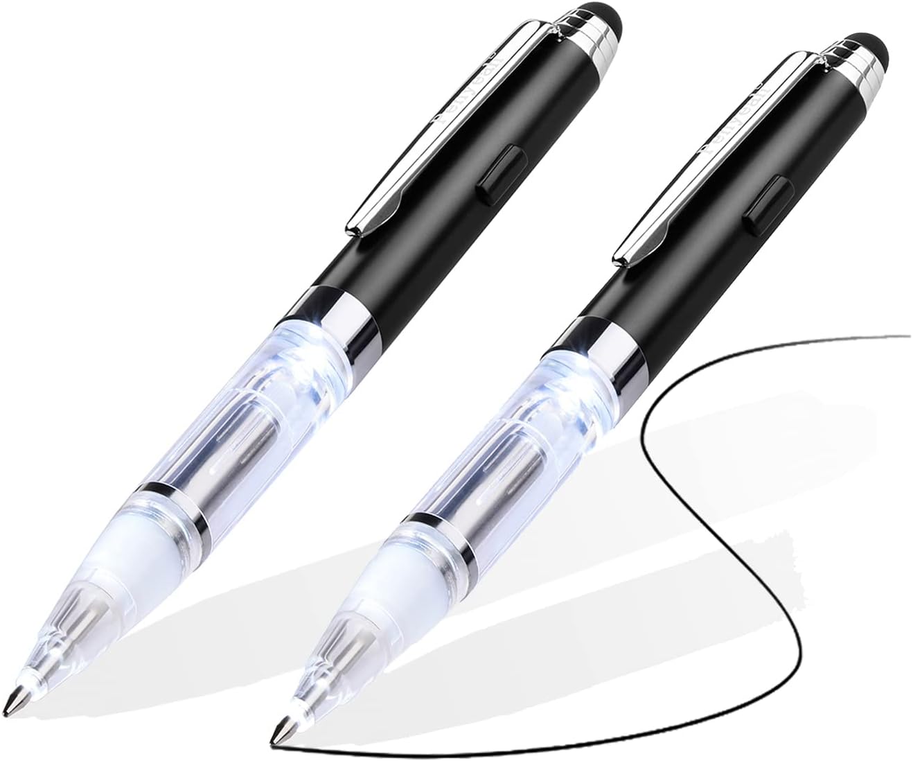 Penyeah Pen with Light and Stylus Tip (2 cts), 3 in 1 Light Up Pens with Rubber Tip Stylus for Touchscreens, Bright Light Pen for Writing in The Dark (2 White Light)
