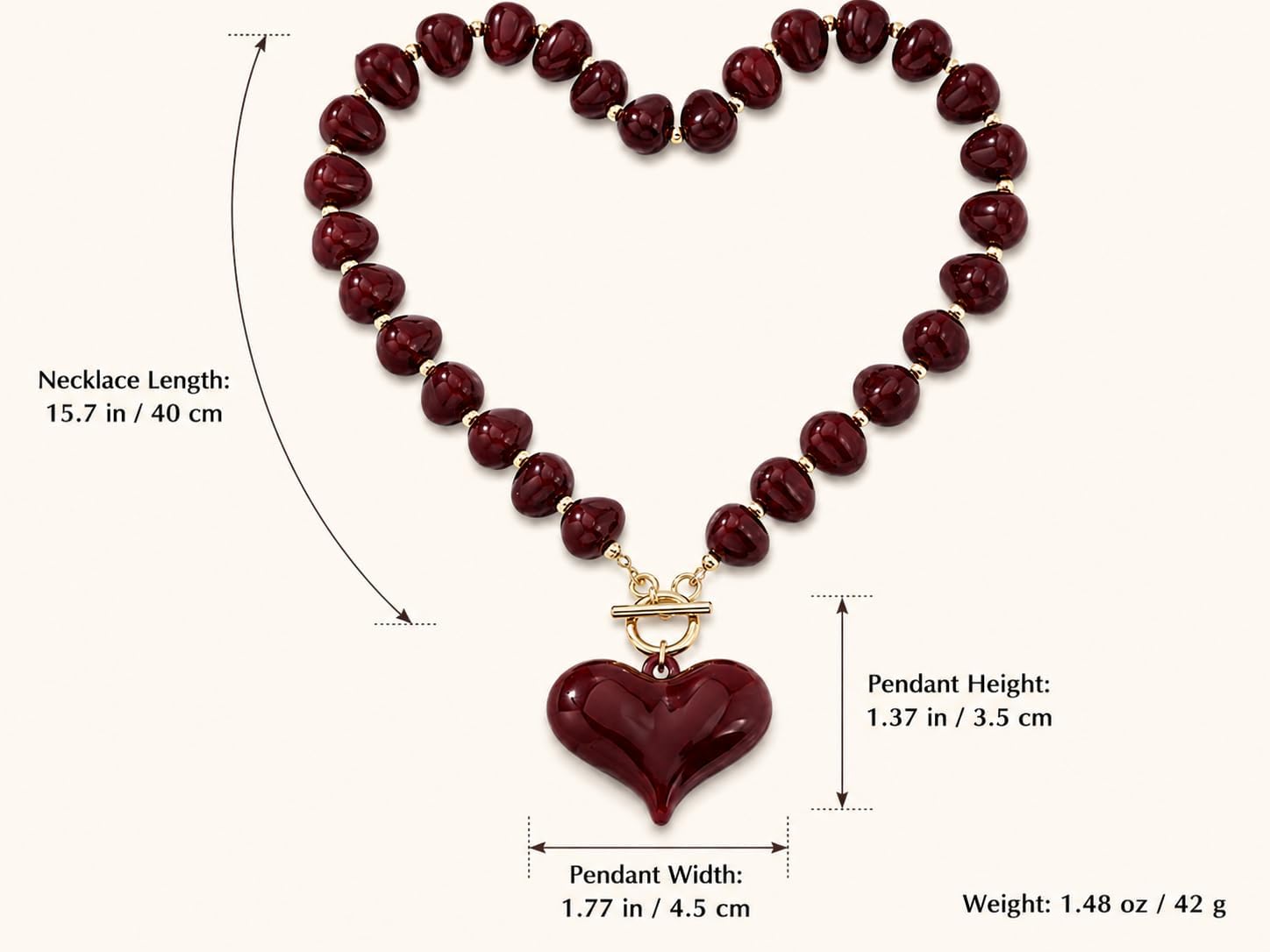 Red Heart Bead Necklace for Women T Bar Toggle Resin Pendant Chunky image 5