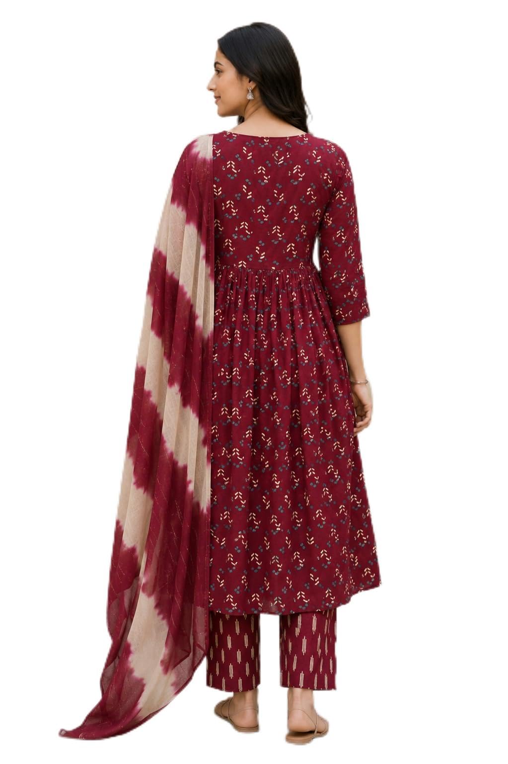 Maroon Floral Printed Cotton Anarkali Kurta Set with Tie-Dye Dupatta-image-37