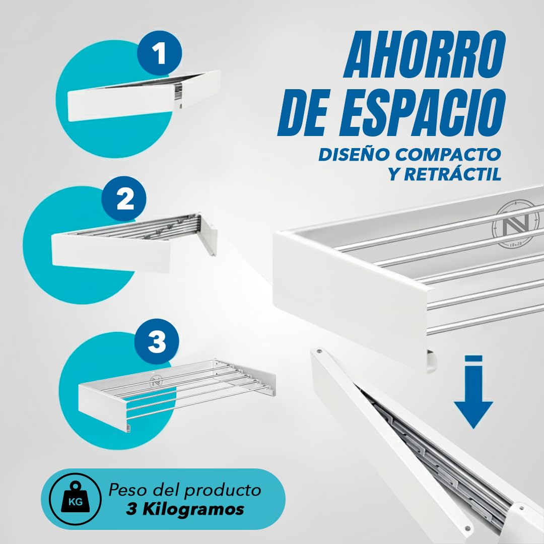 Tendedero Extensible de Pared Retráctil - Tendedero Plegable de Pared para Interior o Exterior - Ahorra Espacio - Compacto - 29 kg de Capacidad - 5 Varillas - 70 cm | Color Blanco