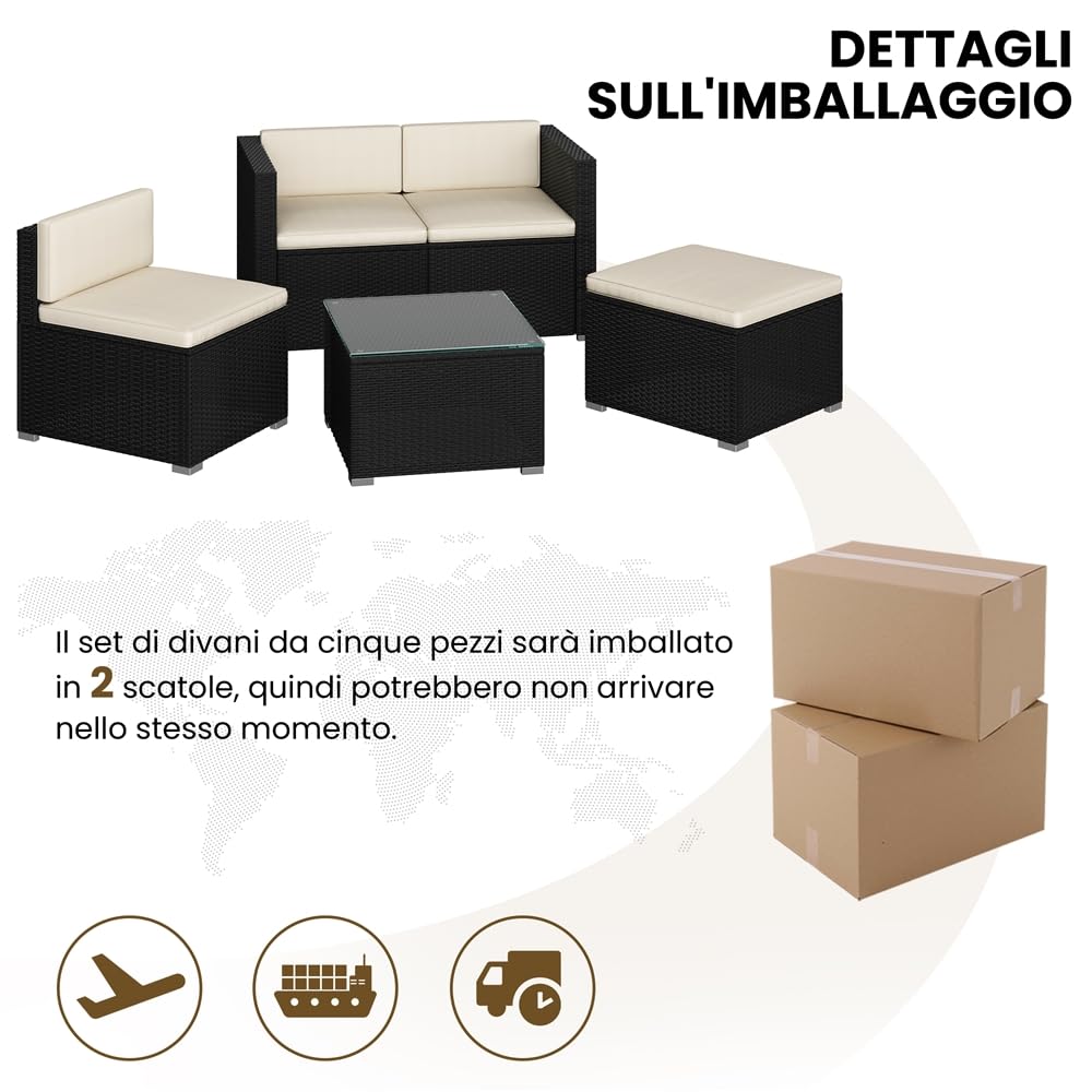 Yaheetech 5 Pezzi Set Mobili da Giardino Rattan PE con Cuscini Tavolo Laterale Nero Beige