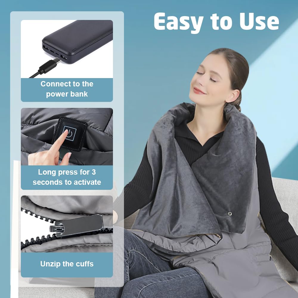 Coperta elettrica con batteria senza fili, 1600 mAh, 7,4 V, protezione dal surriscaldamento, coperta termica portatile senza fili, con 6 zone di riscaldamento e 3 livelli di temperatura per