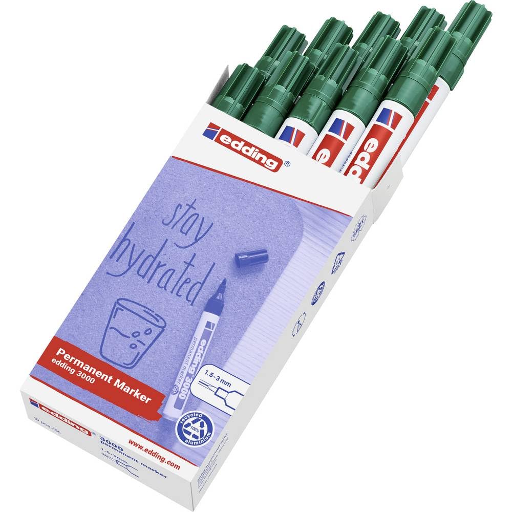 edding 3000 permanent marker, green, box of 10, round tip 1.5-3 mm, quick-drying permanent markers, waterproof, smudge-proof