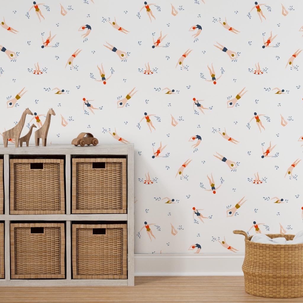 Peel & Stick Wallpaper 3ft x 2ft - Cute Swimmers White Light Swimming Hand Drawn Custom Removable Wallpaper by Spoonflower
