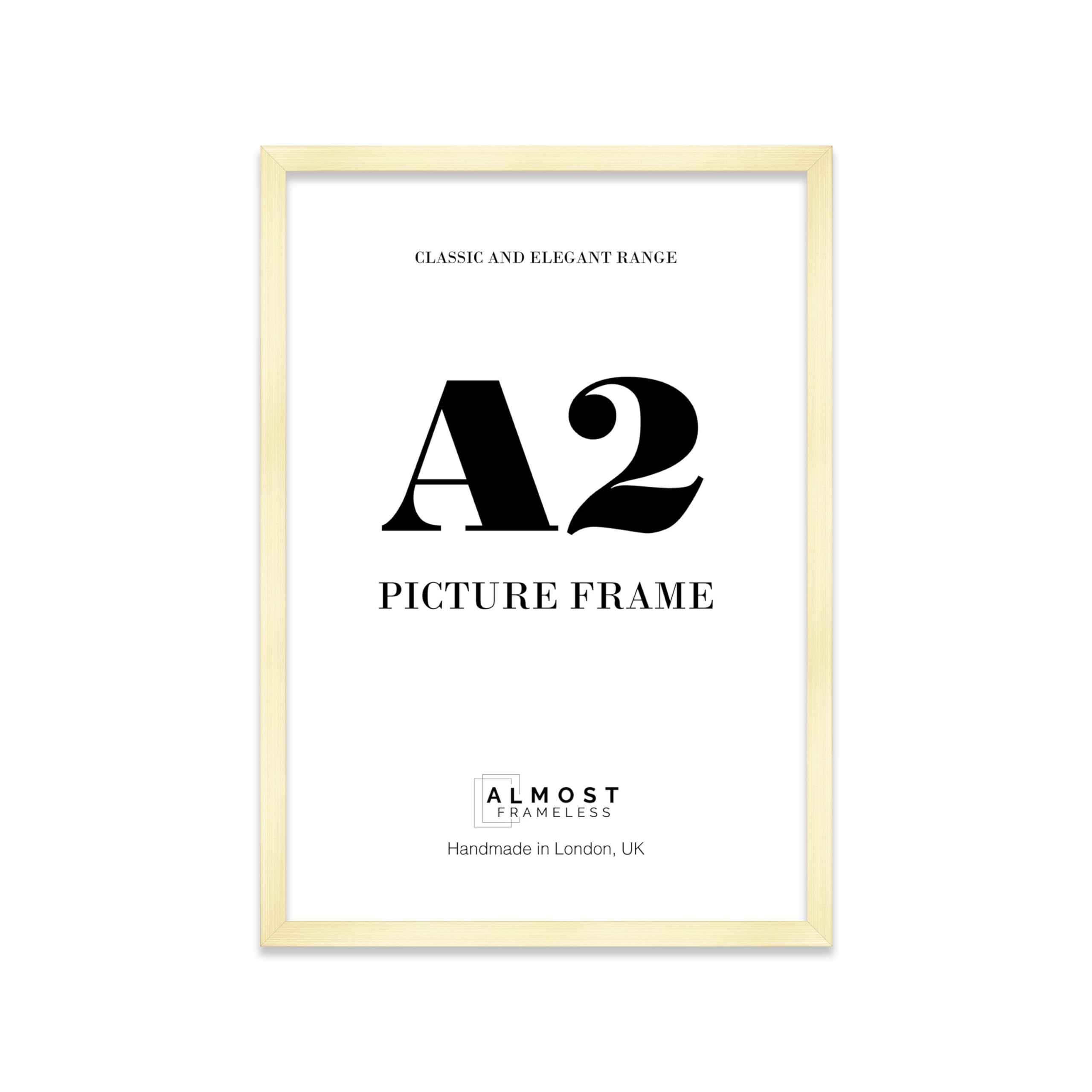 Almost Frameless Gold A2 Picture Frame Fits A2 (42 X 59.4Cm - 16.5 X 23.4In) Poster, Photo, Artwork, Or Print. Thin Edge Slim Frame Portrait And Landscape Display With Wall Hooks