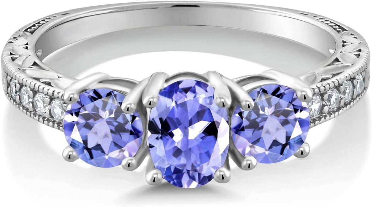 Gem Stone King 10K White Gold Gemstone Birthstone and Lab Grown Diamond 3-Stone Engagement Ring | Oval 7X5MM and Round 5MM | Three Stone Wedding Anniversary Promise Ring For Women