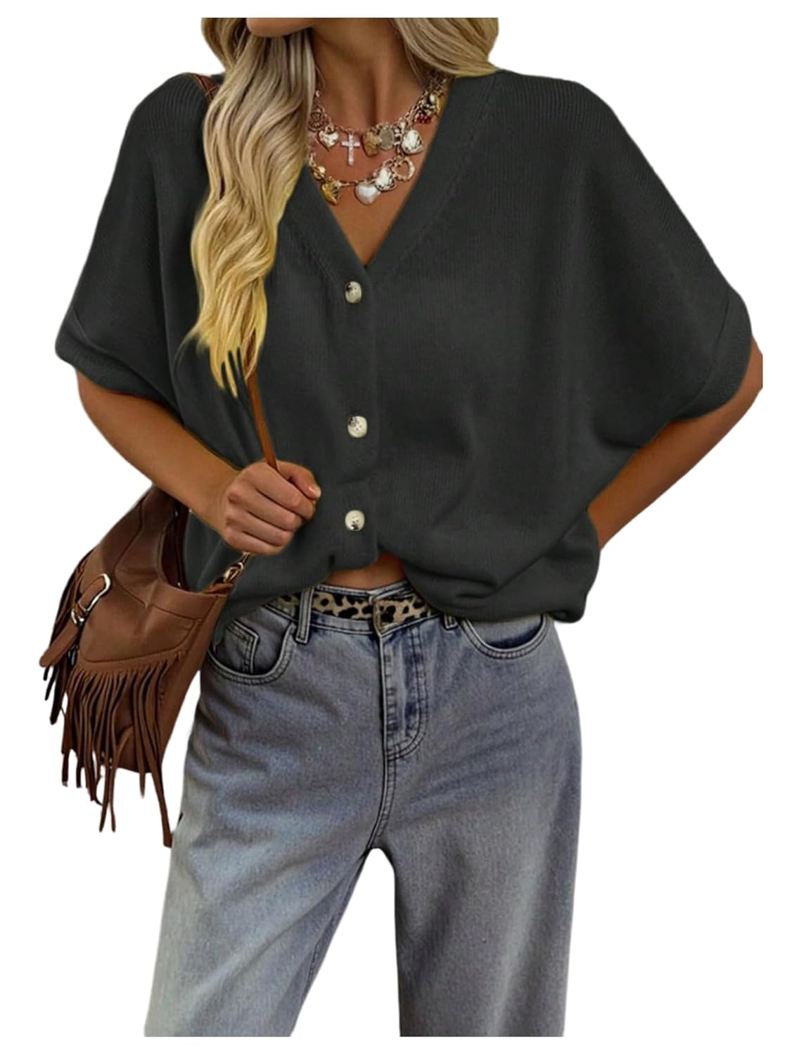 Floerns Womens Dolman Sleeve Cardigan V Neck Button Down Oversized Fall Outfit Sweater