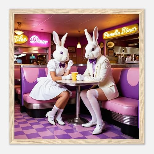 Retro Rabbit Diner Poster Vintage 70s Framed Art Fun Wall Decor Ready to Hang Orientation - Size Vertical - 30x30 cm 12x12 Frame Wood frame