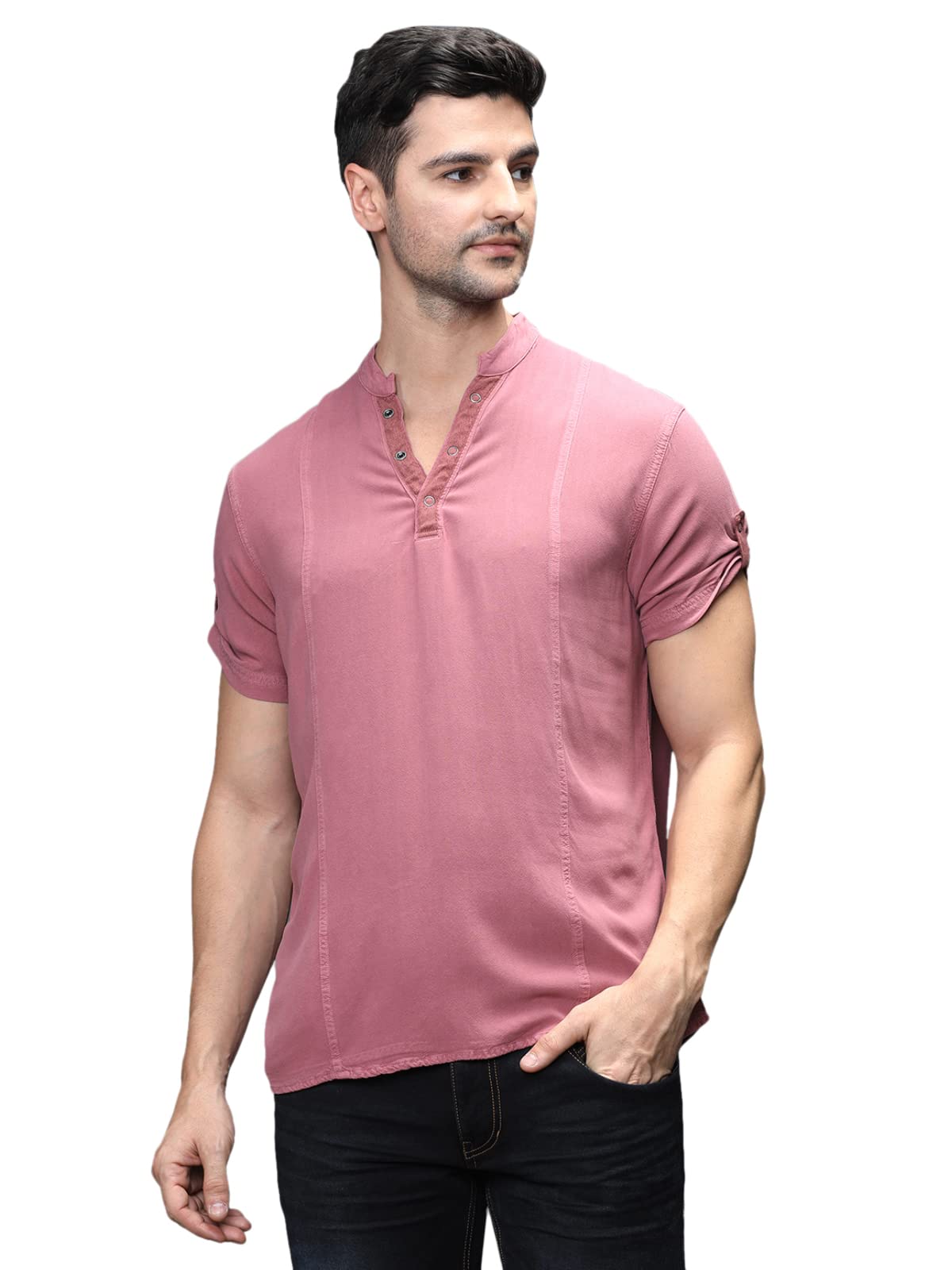 Peach Short Sleeves Solid Slim Fit Pureviscose Casual Shirt Kurta for Men
