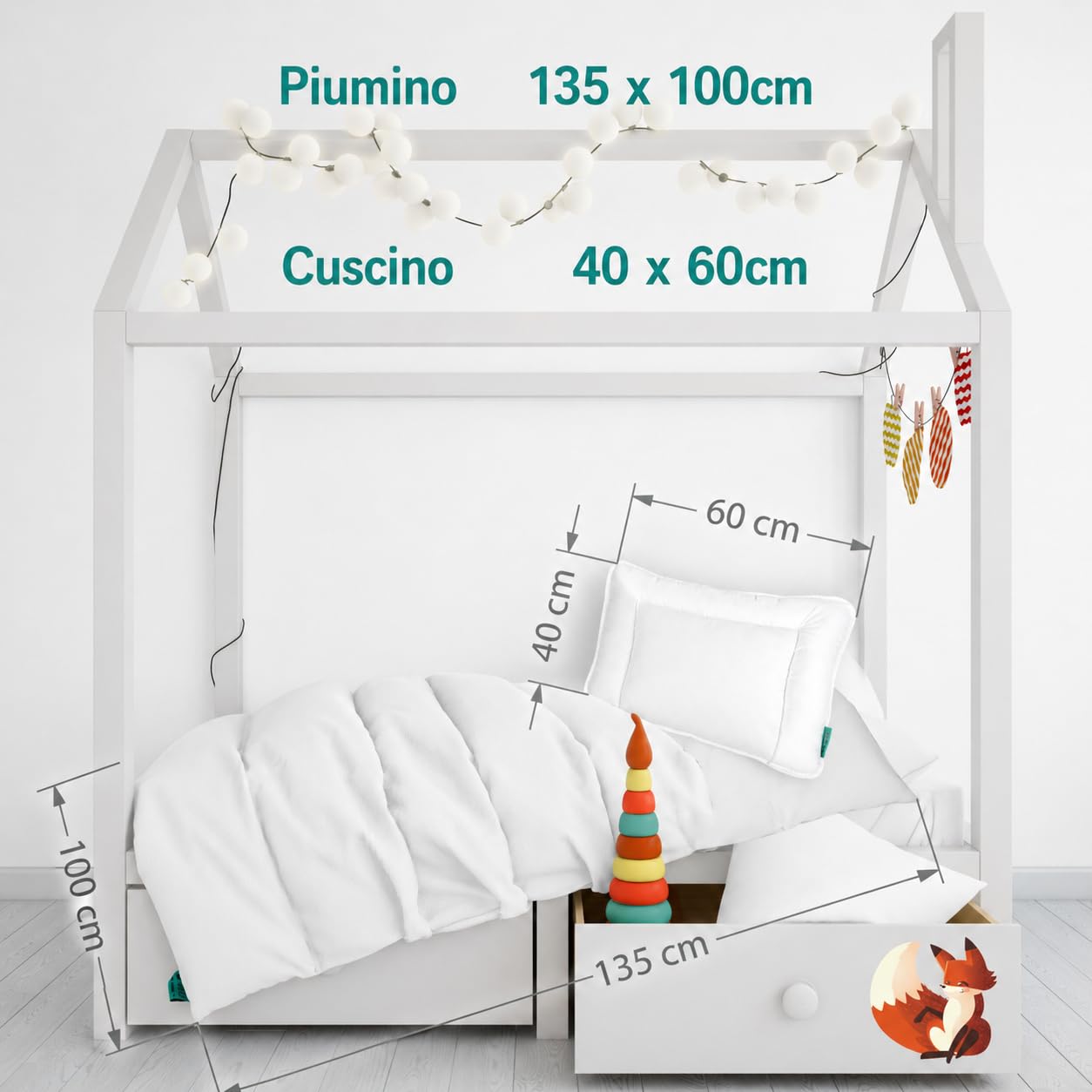 FAM' HOME set di biancheria da letto per bambini Cheeky Fox, piumone 100 x135 bambini e cuscino 40x60| Qualità certificata Oeko-tex Standard 100| Realizzato in UE|Adatto per letto 70x140cm