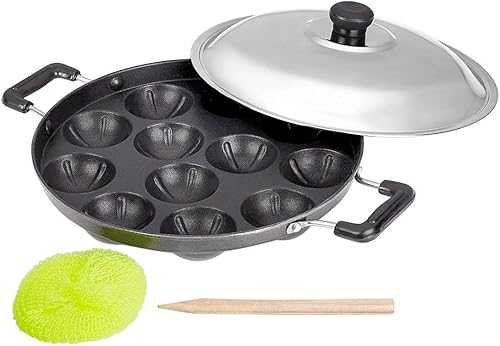 Miniatura 3 de Sartén antiadherente Appam Patra Paniyaram – 12 hoyos Appam Maker con tapa, Takoyaki y Aebleskiver danés relleno para panqueques