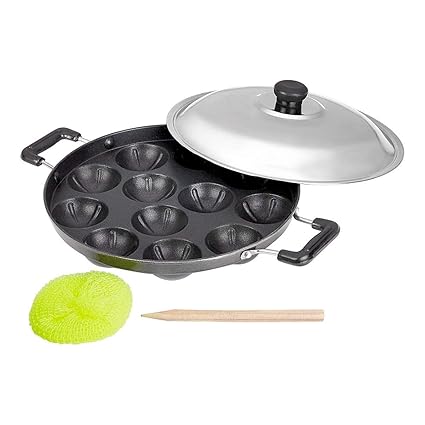 TMT Non Stick Cookware Appam Maker 12 Ball with Lid,Paniyaram Pan Patra Non Stick,Pancake Pastry Pan, Appam Maker Set