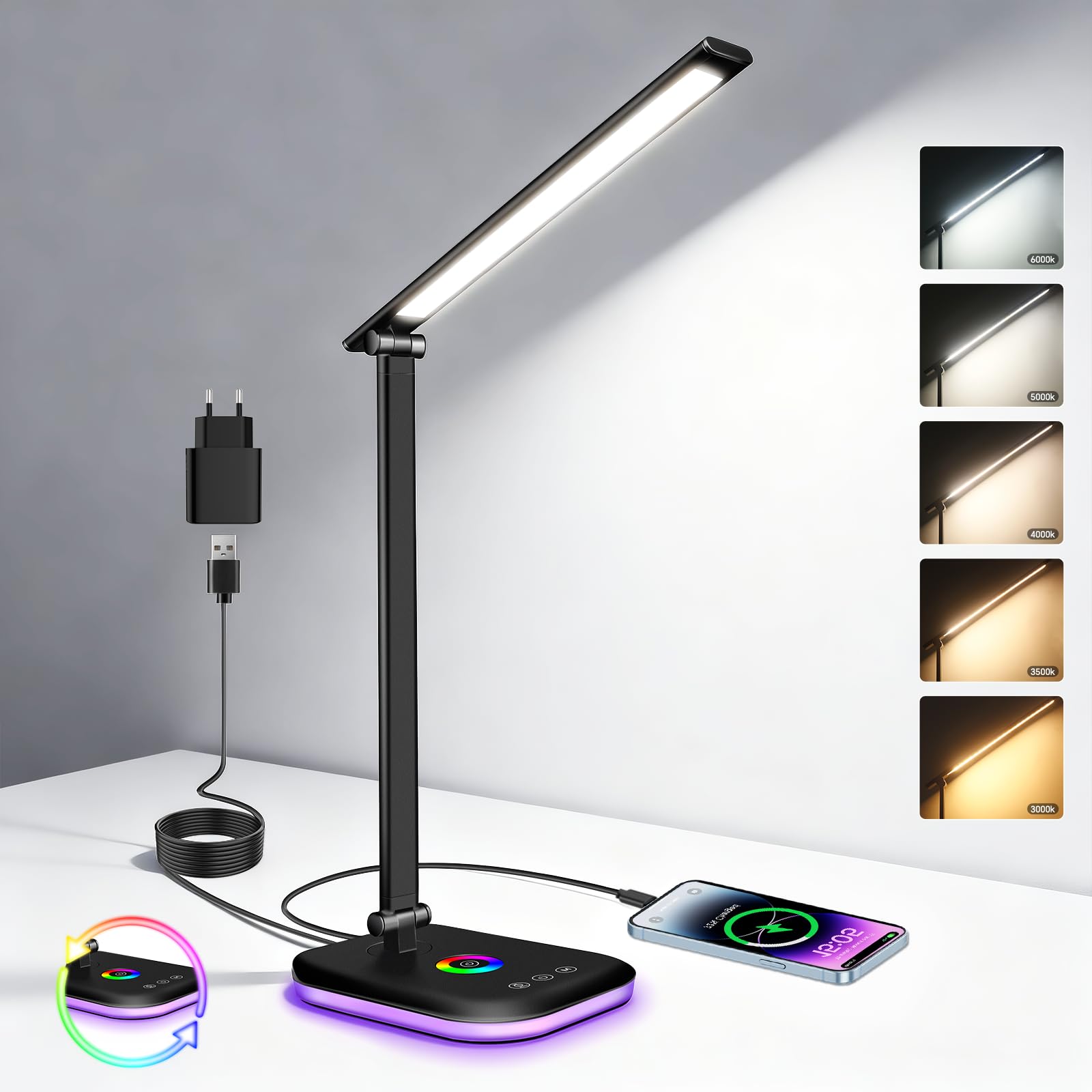 Morotty Lámpara de Escritorio 10W, Flexo de Escritorio con luz nocturna, 5 temperaturas de color y regulación del 10% al 100% Lampara Escritorio Led, Puerto USB de Carga, Control Táctil(Negro)