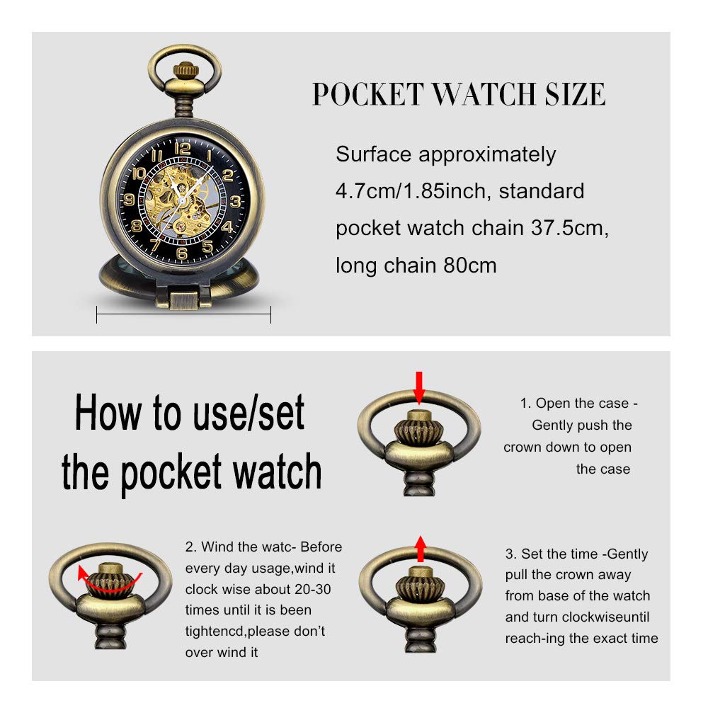 Image secondaire de MICGIGI - Montre de poche mécanique à remontage manuel multifonction avec loupe, montre gousset de poche avec chaîne, Classique