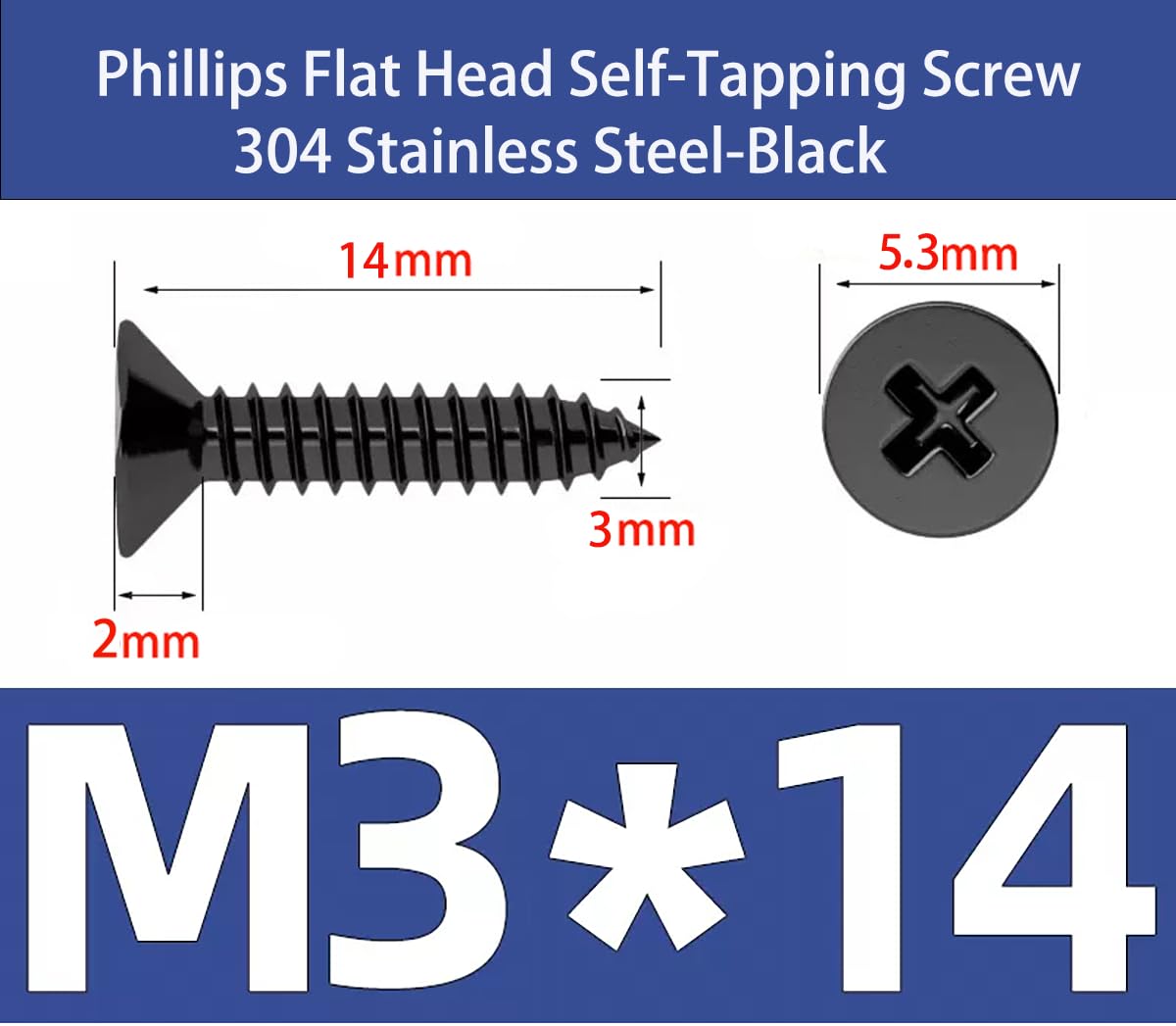 EBAIJQUO M3x14mm Phillips Flat Head Wood Screws Black Xylan Coated 304 Stainless Steel Self-Tapping Screws Full Thread for Wood/Sheet-Metal/Plasterboard(100pcs) - Image 2