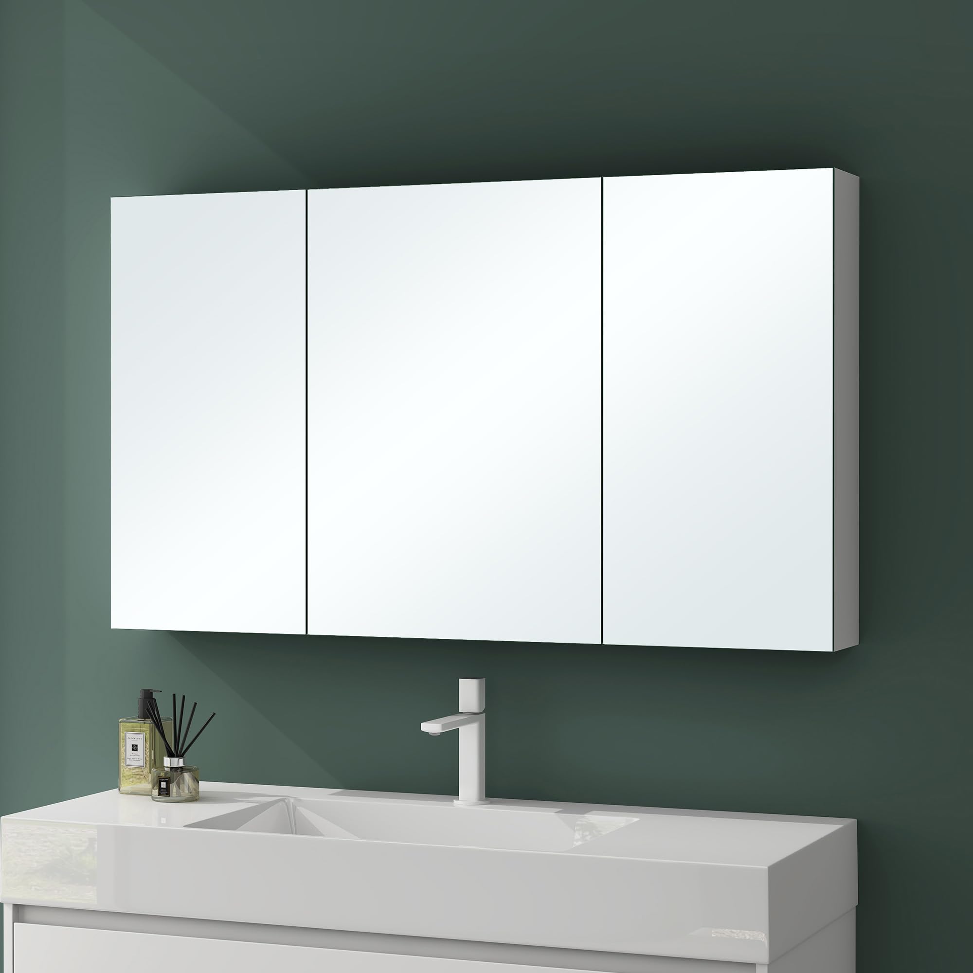 Mai & Mai Armoire Suspendue de Salle de Bain avec Miroir Armoire de Toilette Meuble Murale Miroir avec 3 Portes 120x15x70 cm Blanc Mat SpiegelSR-02