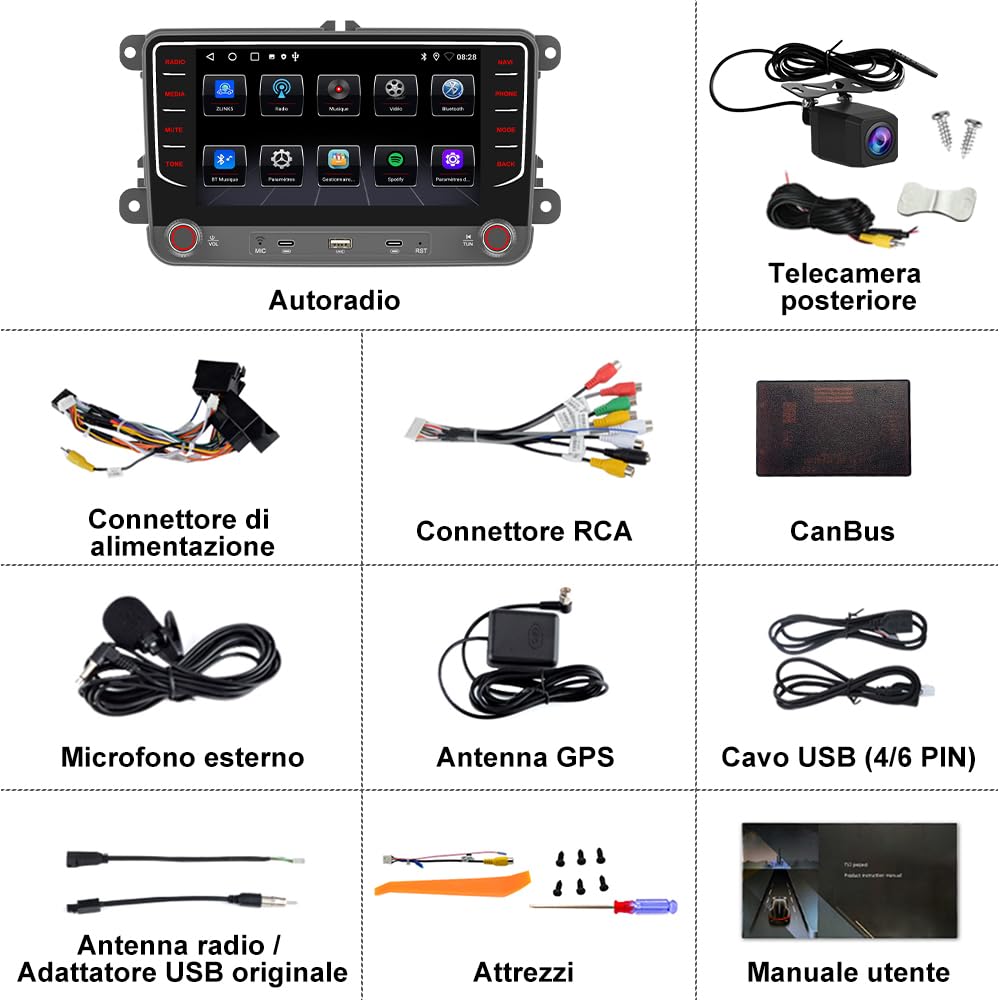 Autoradio 2 DIN per Golf 5 6 Passat Jetta Caddy Polo cc Tiguan EOS Touran T5 Scirocco Wireless CarPlay Android Auto Bluetooth/FM/RDS/USB/EQ/Tipo-C/Comandi al Volante