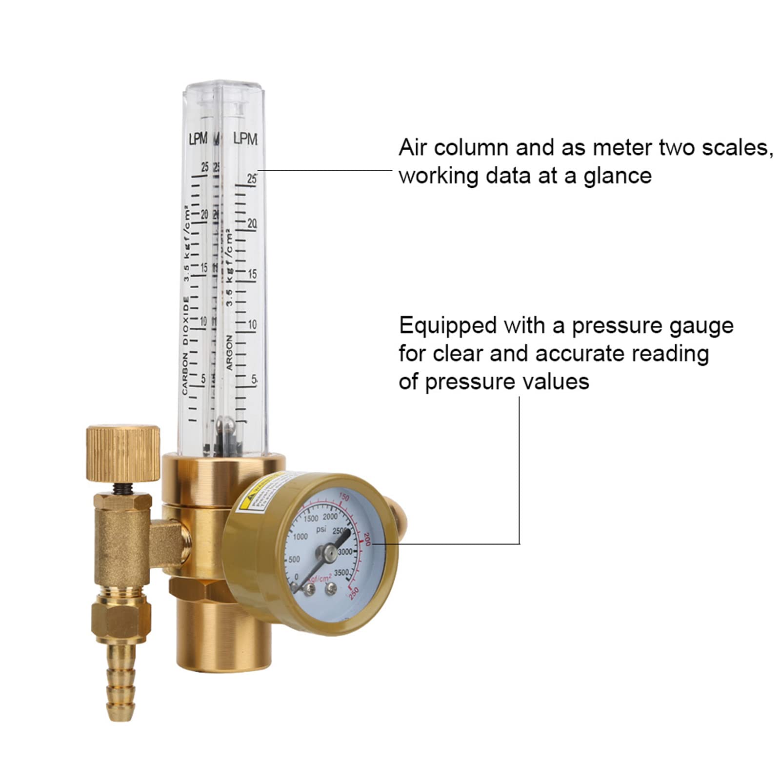 Regolatore Argon TIG con Scala e Colonna, Riduttore di Pressione in Ottone, Misuratore di Portata per Gas, Filettatura Maschio G5/8