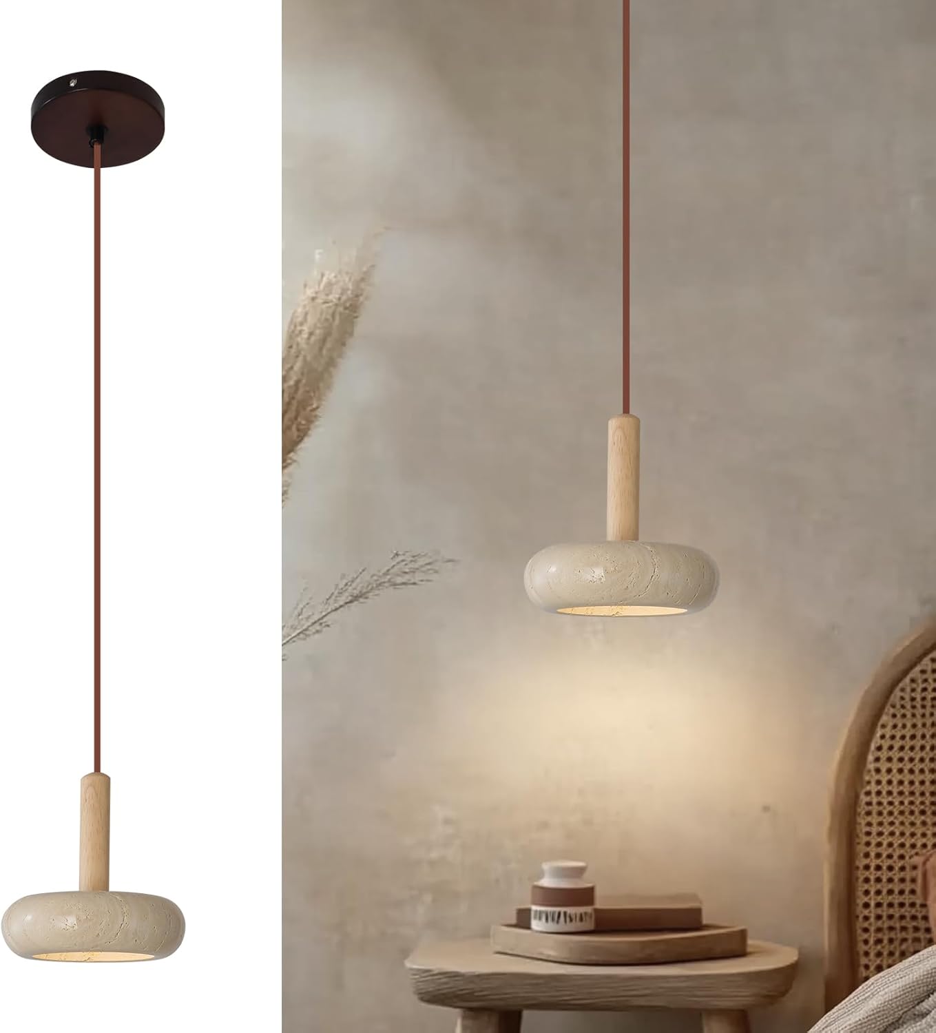 9.1inch Japanese Wabi-sabi Style Travertine Pendant Lamp Round LED Natural Stone Shade Pendant Light Wood Bedroom Bedside Hanging Light 3000K for Living Dining Room Table
