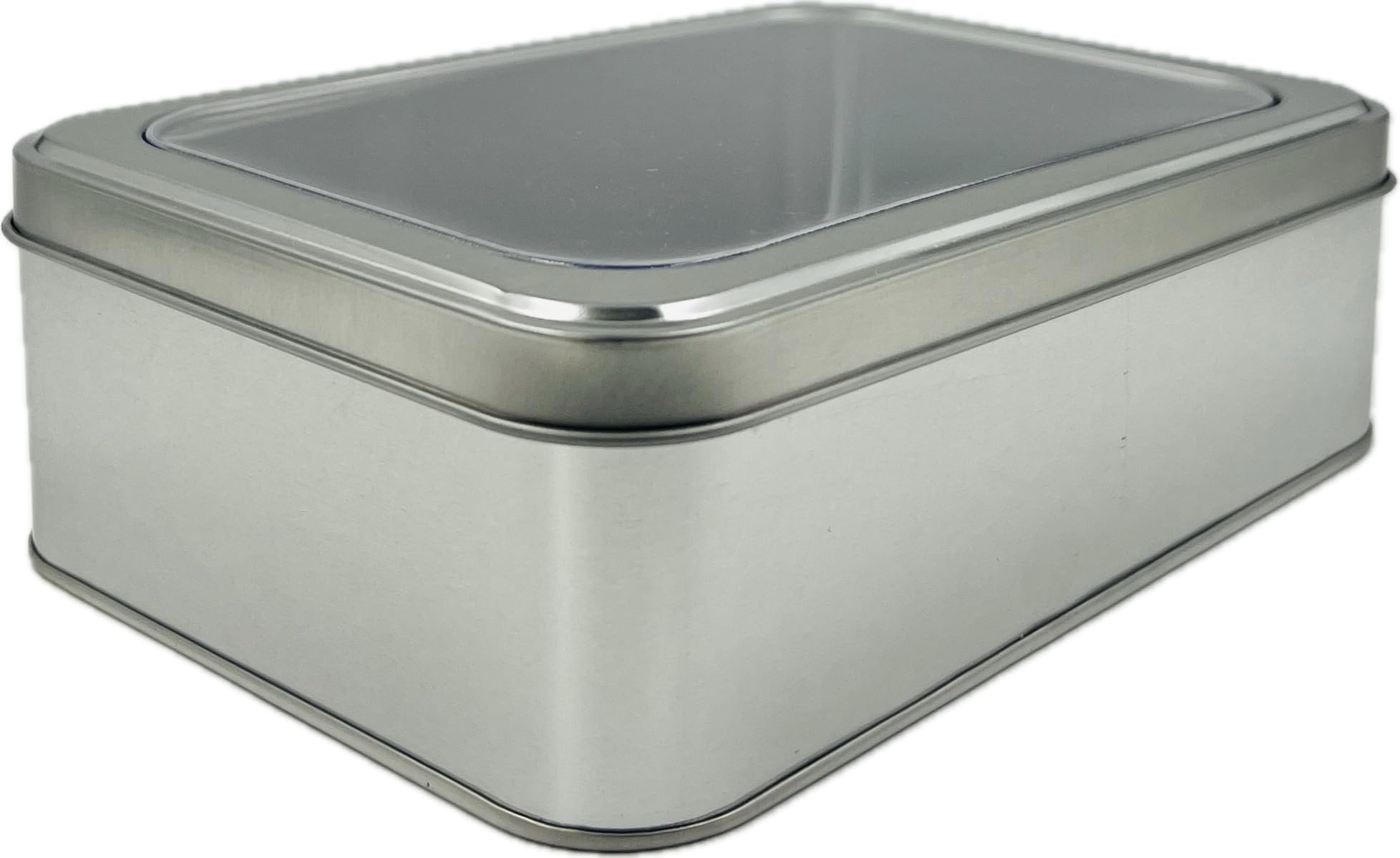 Silver Rectangular Tin Container With Clear Lid, Single Piece Multipurpose Tin, Festive Tin Box for Gift Giving, Cookies, Stationery & More - 7.25 x 5.25 x 2.25 Inches