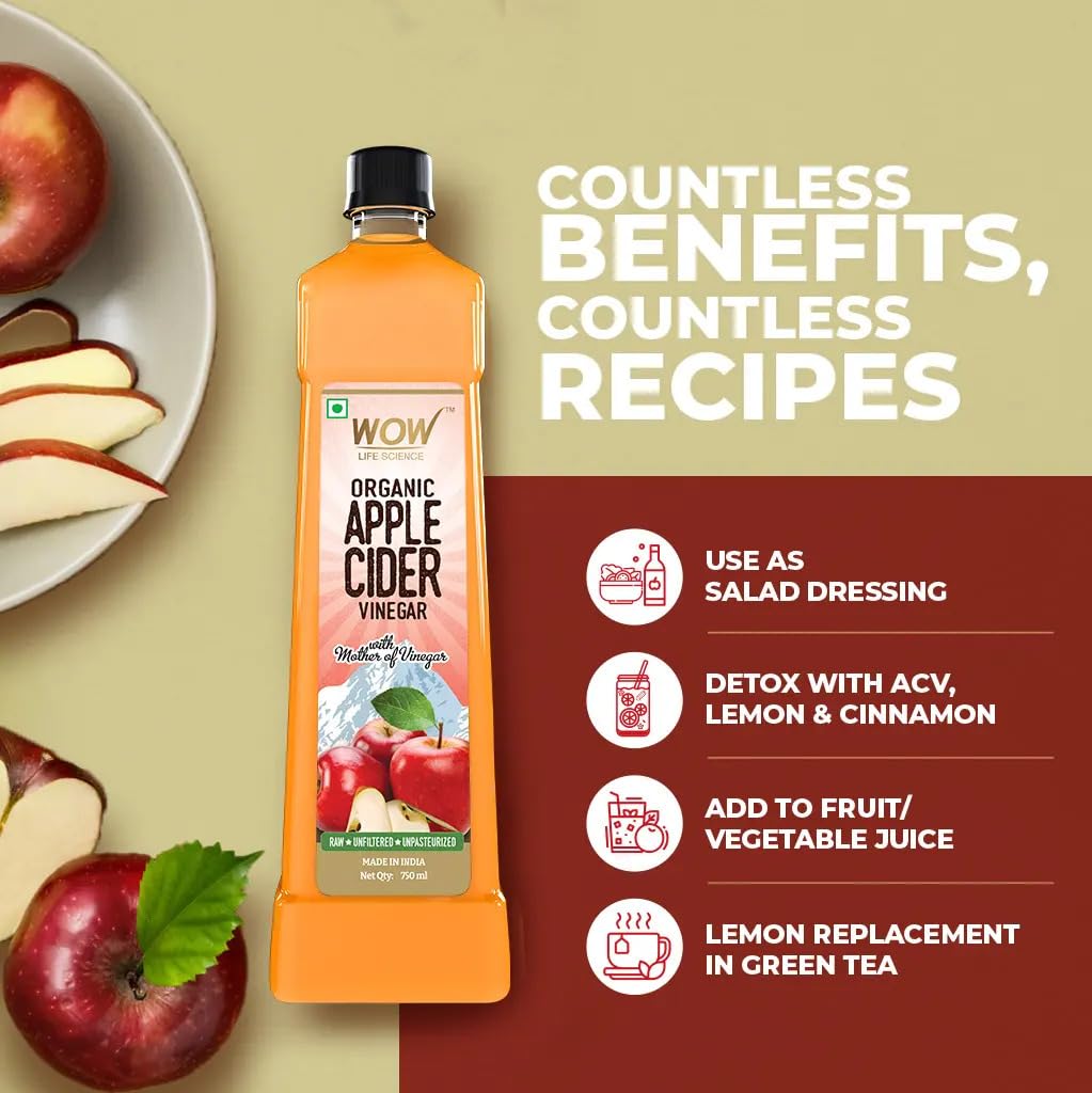 WOW Life Science Apple Cider Vinegar | Organic Himalayan Apples | Mother of Vinegar with Probiotics | For Weight Management, Reduced Bloating, Healthy Skin & Hair - Bottle of 750 ml 3
