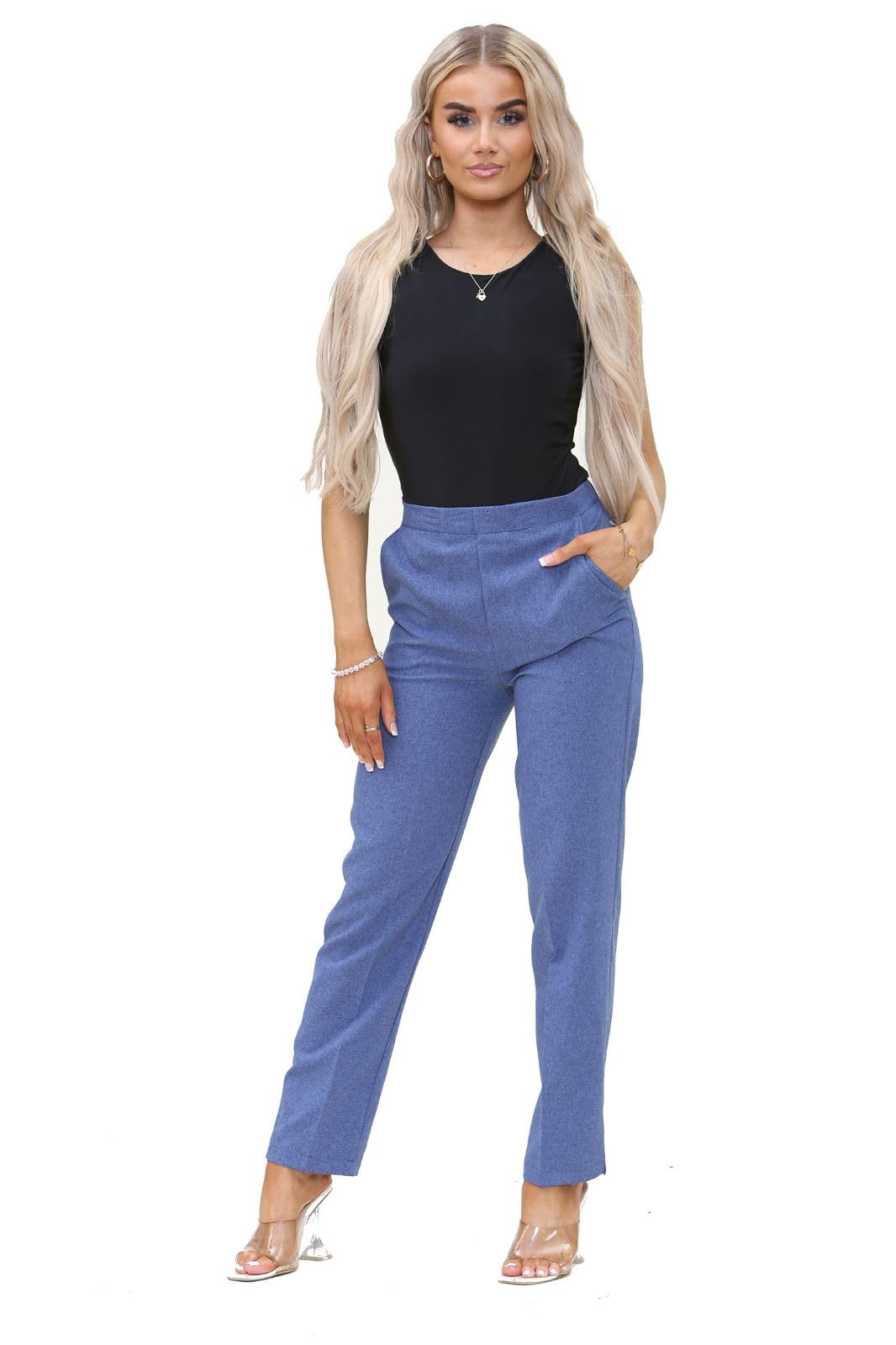 Insafians Women's Blue Half Elasticated Pull Up Pants | Office Wear Trousers | Work Formal (As8, Numeric, Numeric_16, Regular, Extra_long, )