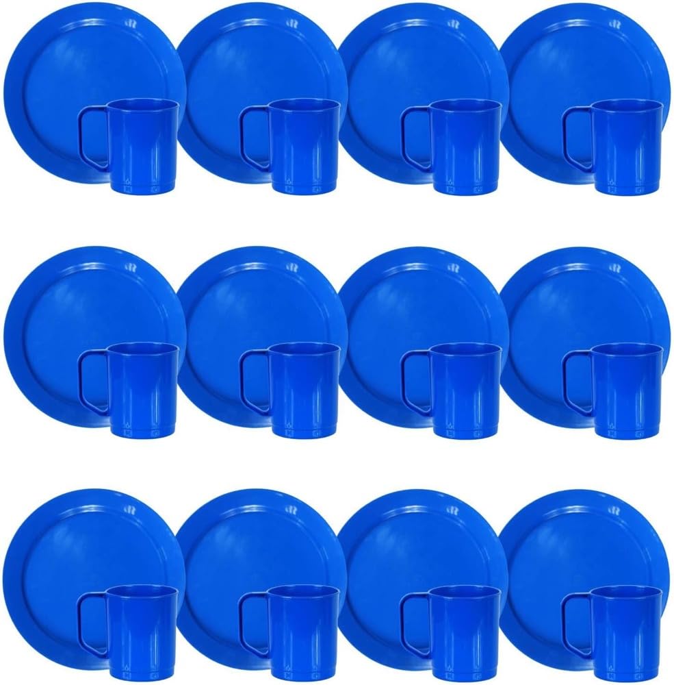 Blue Plastic Camping Reusable Plate & Cup Sets - Set of 12