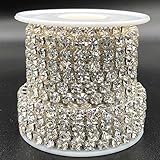 Towenm 1 Roll 5 Yards Large Crystal Rhinestones Close Chain, 5mm Rhinestone Chain, SS24, Sew on Crystal Rhinstone Chain Trim, Crystal Claw Cup Chain Roll (Silver Base + Crystal Clear, SS24 / 5.0mm)