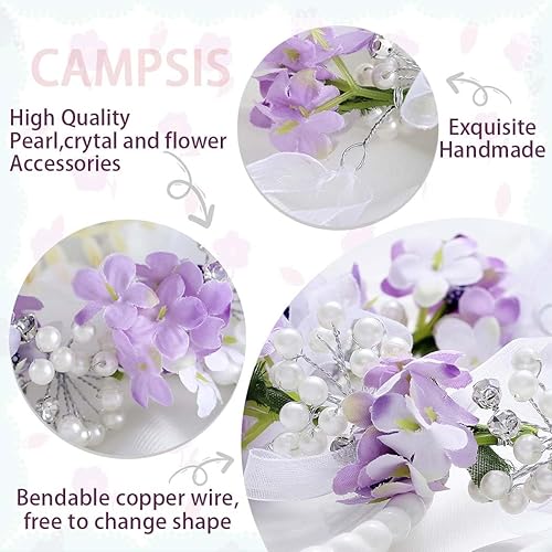 Miniatura 6 de Campsis Diadema floral para niñas, accesorio para el cabello de perlas para mujeres y niñas (morado)