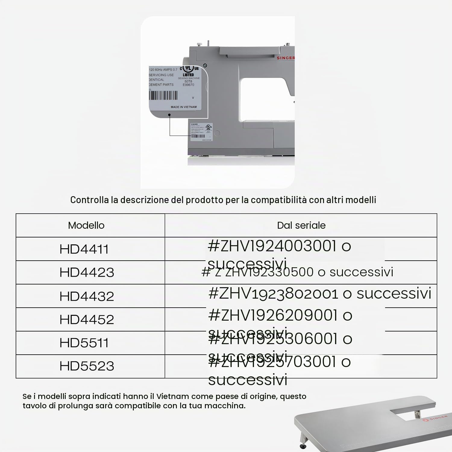 SINGER 4411, 4423, 4432 e 4452 - Tavolo di estensione meccanico per macchina da cucire, grigio