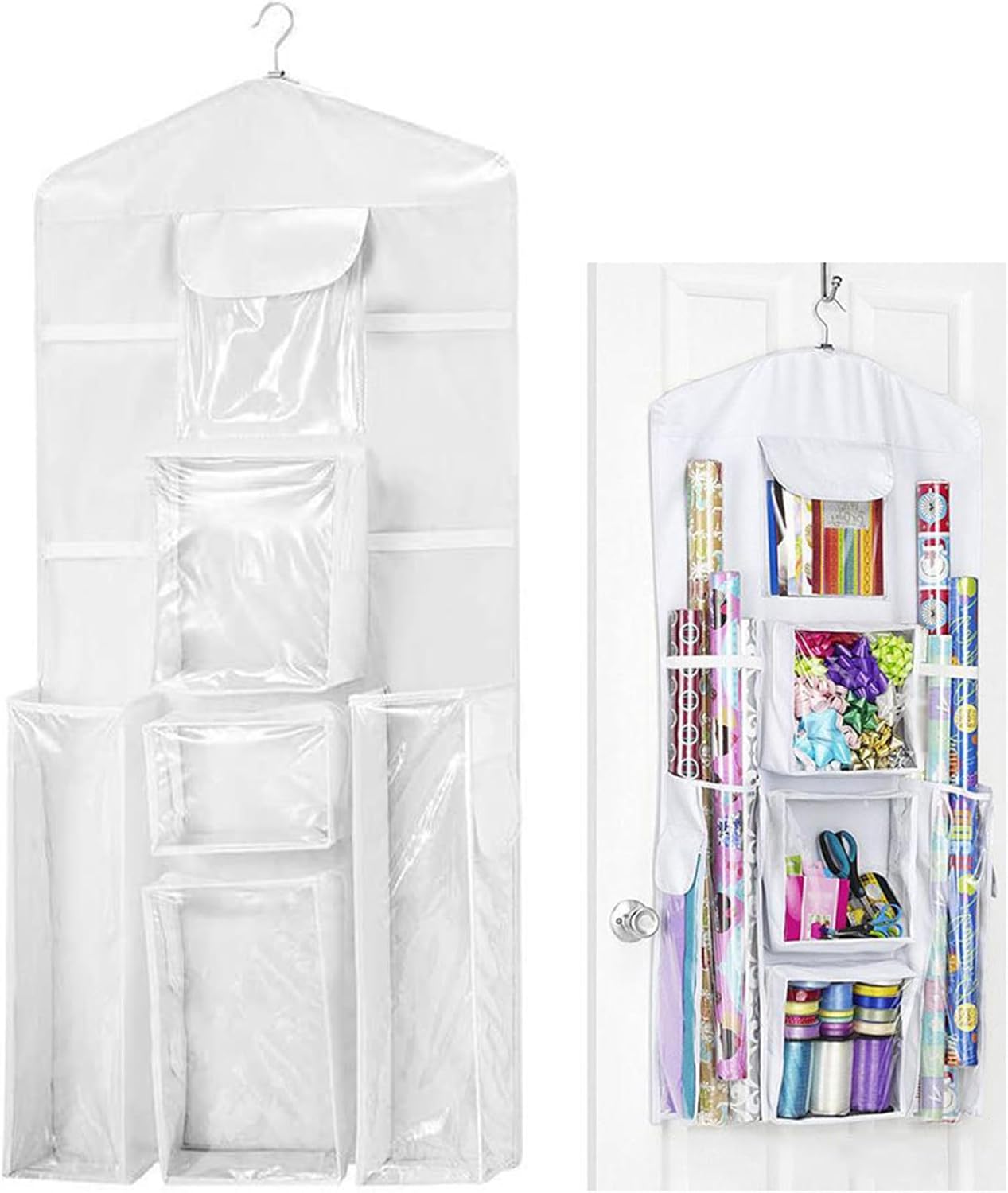 Wrapping Paper Storage Christmas Wrapping Paper Organizer Wall Hanging Double-Sided Transparent Rear Door Gift Storage Bag with Zipper 10 Pockets 37.40x5.51 Inch..