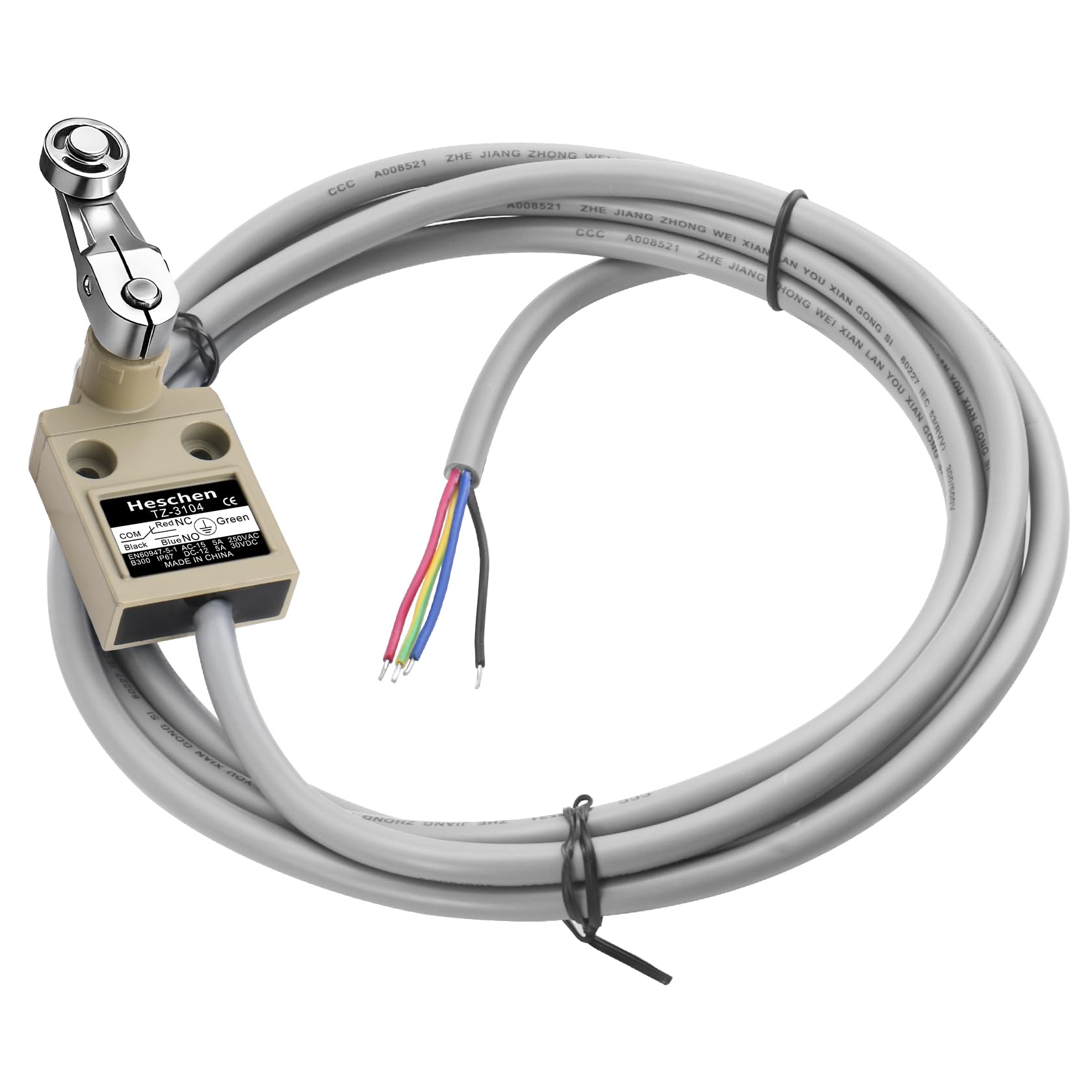 Heschen - Interrupteur compact pré-câblé de fin de course, TZ-3104, poussoir à galet à levier roulant, SPDT, NO + NC, momentané, 250 VAC 5 A, IP67 étanche