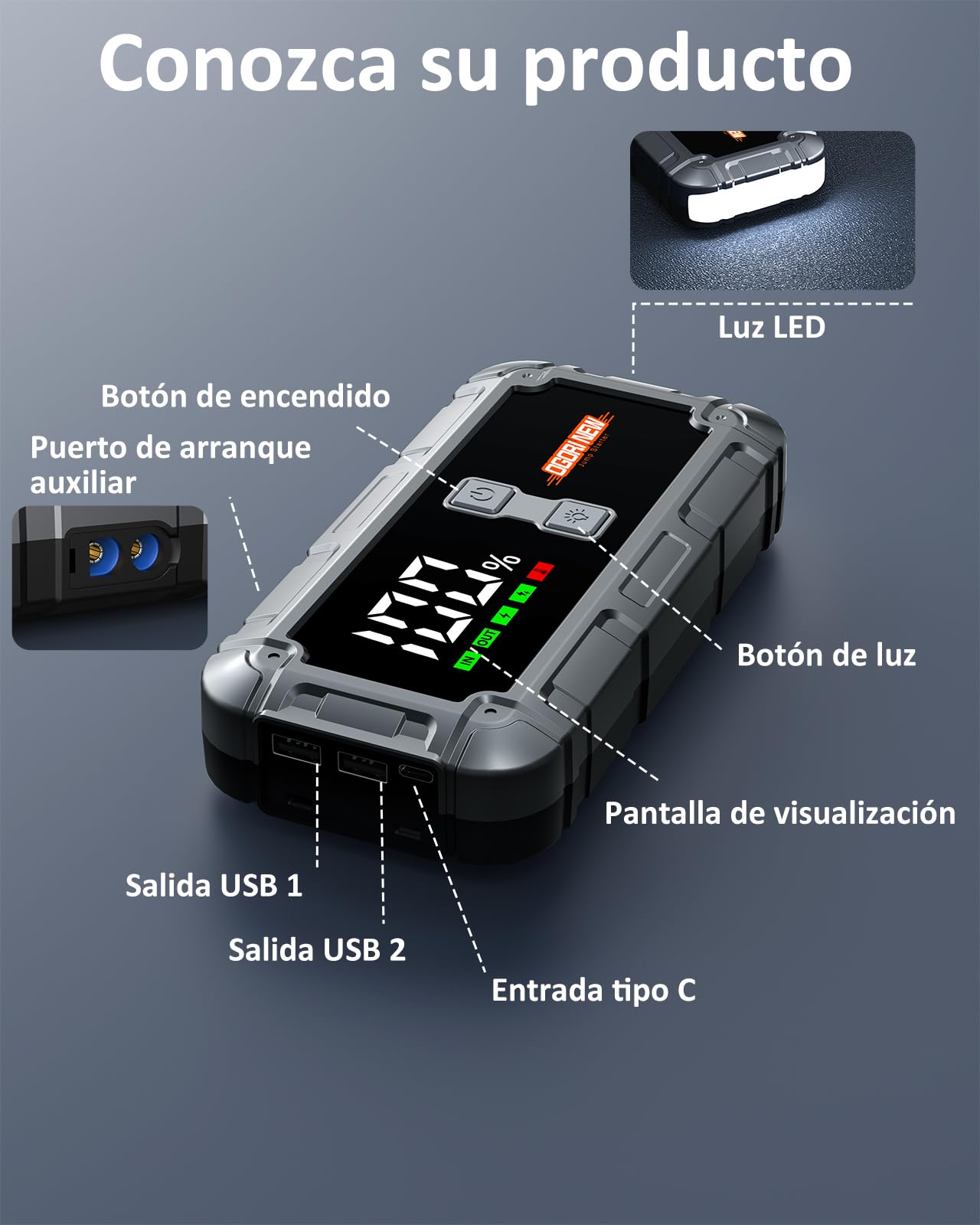 Arrancador de Coche, 7000A Arrancador de Baterias de Coche,12V Arrancador de Coches Portatil para 10L Gas o 8L Diesel,Jump Starter con Pantalla LCD y Linterna LED de 3 Modos