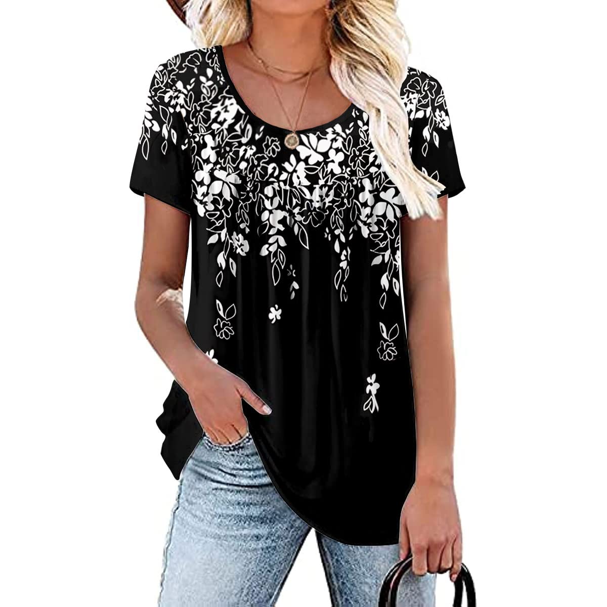 Womens Summer Plus Size Tops Blouses Short Sleeve Shirts Lace Pleated Tunic Tops XL